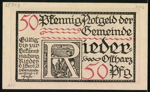 Notgeld Rieder-Ostharz 1921, 50 Pfennig, Fürst v. Anhalt sucht nach Landesfriedensbrecher