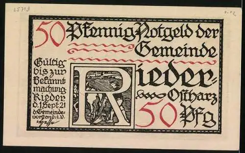 Notgeld Rieder-Ostharz 1921, 50 Pfennig, Andreas Küsters Fehdebrief wird verlesen