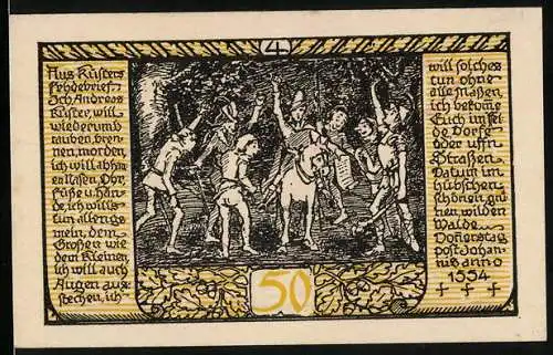 Notgeld Rieder-Ostharz 1921, 50 Pfennig, Der Fehdebrief von Andreas Küster wird verlesen