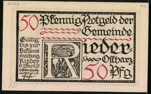 Notgeld Rieder-Ostharz 1921, 50 Pfennig, Der Fehdebrief von Andreas Küster wird verlesen