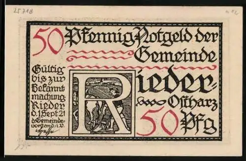 Notgeld Rieder-Ostharz 1921, 50 Pfennig, Andreas Küster wird bei Ellrich gefangengenommen
