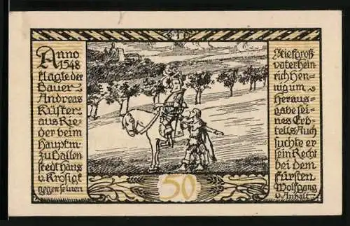 Notgeld Rieder-Ostharz 1921, 50 Pfennig, Bauer Andreas Küster klagt dem Fürsten sein Leid
