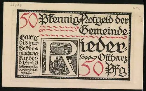 Notgeld Rieder-Ostharz 1921, 50 Pfennig, Bauer Andreas Küster klagt dem Fürsten sein Leid