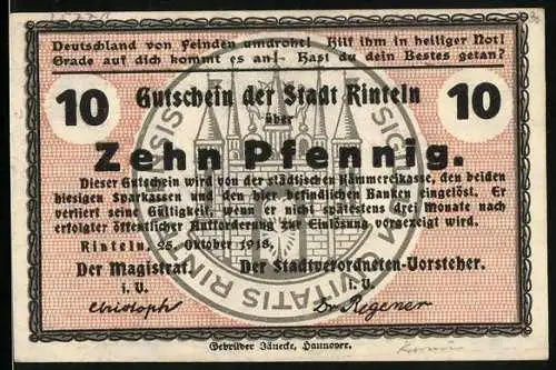 Notgeld Rinteln 1918, 10 Pfennig, Stadtwappen im Hintergrund