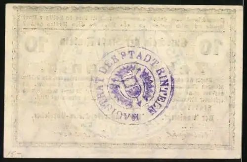 Notgeld Rinteln 1918, 10 Pfennig, Stadtwappen im Hintergrund