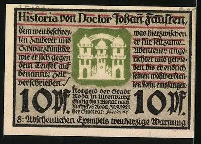 Notgeld Roda in Altenburg 1921, 10 Pfennig, Historia von Doctor Johan Fausten