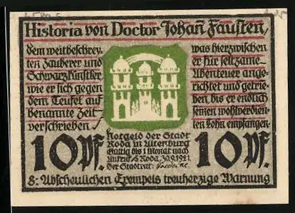 Notgeld Roda in Altenburg 1921, 10 Pfennig, Historia von Doctor Johan Fausten, Wappen