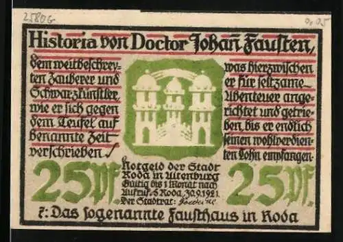 Notgeld Roda in Altenburg 1921, 25 Pfennig, Historia von Doctor Johan Fausten, Ortspartie