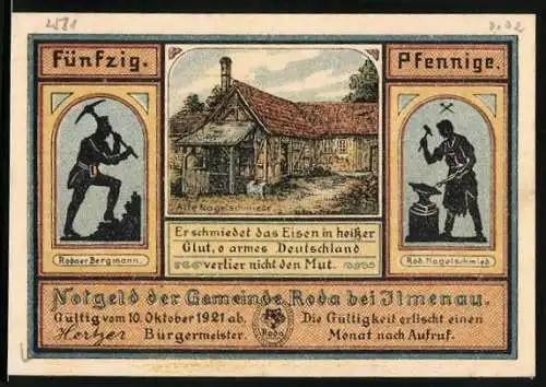 Notgeld Roda bei Ilmenau, 50 Pfennig, Bergmann, Nagelschmied, Schmiede, Karl August auf Jagd, Goethe am Bergwerk