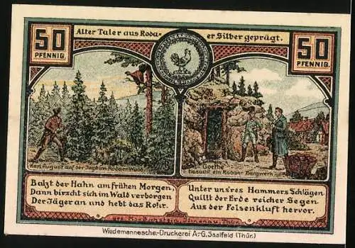 Notgeld Roda bei Ilmenau, 50 Pfennig, Bergmann, Nagelschmied, Schmiede, Karl August auf Jagd, Goethe am Bergwerk