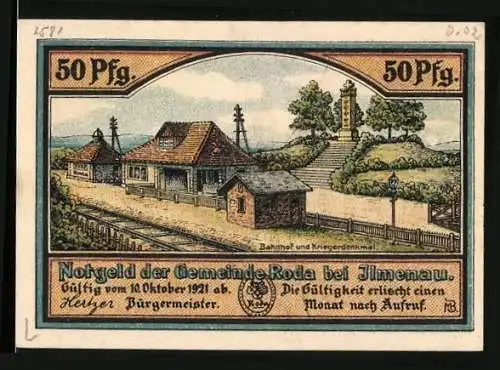 Notgeld Roda bei Ilmenau, 50 Pfennig, Tonwaren- und Glasindustrie, Bahnhof und Kriegerdenkmal