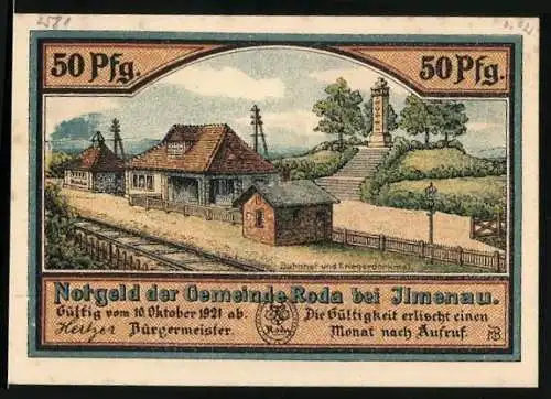 Notgeld Roda bei Ilmenau, 50 Pfennig, Bahnhof und Kriegerdenkmal, Töpfer und Glasbläser