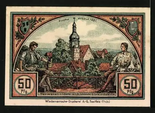 Notgeld Roda bei Ilmenau, 50 Pfennig, Bahnhof und Kriegerdenkmal, Töpfer und Glasbläser