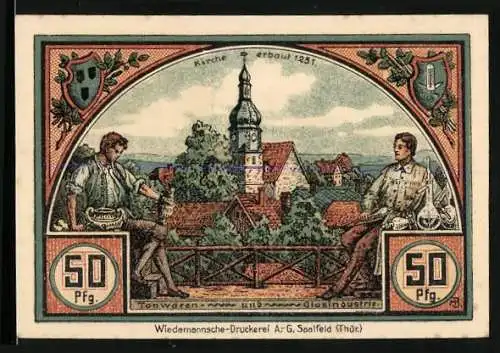 Notgeld Roda bei Ilmenau, 50 Pfennig, Glasbläser und Töpfer, Bahnhof und Kriegerdenkmal