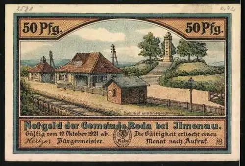 Notgeld Roda bei Ilmenau, 50 Pfennig, Glasbläser und Töpfer, Bahnhof und Kriegerdenkmal