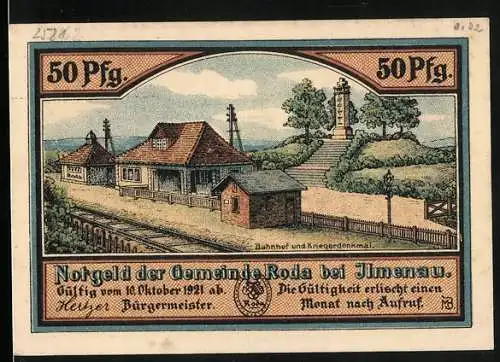 Notgeld Roda bei Ilmenau, 50 Pfennig, Kriegerdenkmal am Bahnhof, Töpfer und Glasbläser