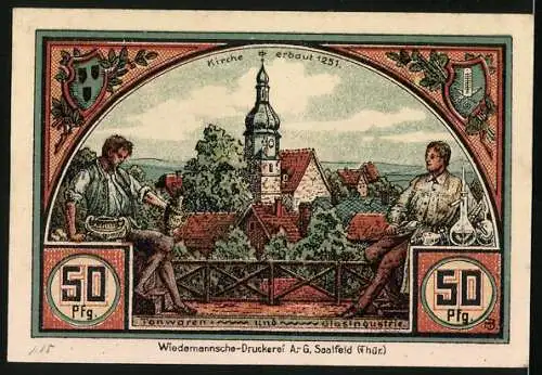 Notgeld Roda bei Ilmenau, 50 Pfennig, Kriegerdenkmal am Bahnhof, Töpfer und Glasbläser