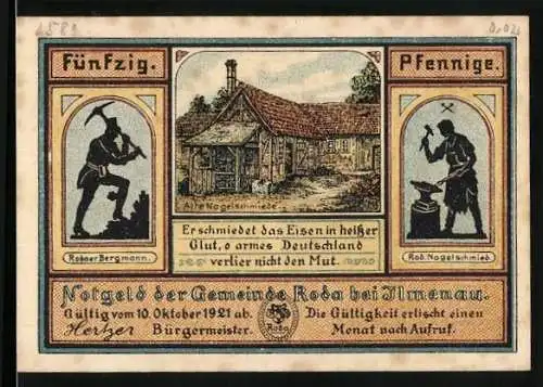 Notgeld Roda bei Ilmenau, 50 Pfennig, Nagelschmied, Bergmann, Karl August als Jäger und Goethe am Bergwerk