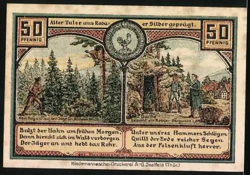 Notgeld Roda bei Ilmenau, 50 Pfennig, Nagelschmied, Bergmann, Karl August als Jäger und Goethe am Bergwerk