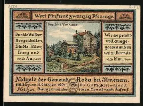 Notgeld Roda bei Ilmenau, 25 Pfennig, Das Schöffenhaus, Nagelschmied Rotschild