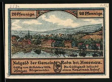 Notgeld Roda bei Ilmenau, 20 Pfennig, Ortsansicht am Wasser, Dicke Eiche vor und nach dem Fällen