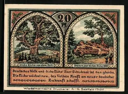 Notgeld Roda bei Ilmenau, 20 Pfennig, Ortsansicht, Dicke Eiche vor und nach dem Fällen