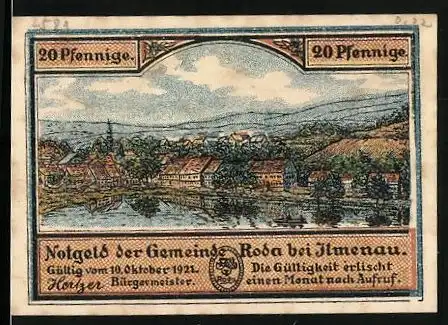 Notgeld Roda bei Ilmenau, 20 Pfennig, Ortsansicht am Fluss, Dicke Eiche und der Stamm nach dem Fällen