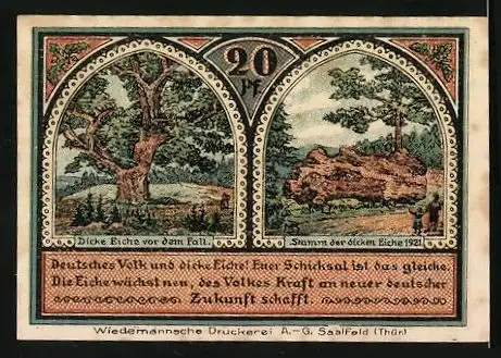 Notgeld Roda bei Ilmenau, 20 Pfennig, Ortsansicht am Fluss, Dicke Eiche und der Stamm nach dem Fällen