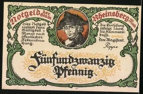 Notgeld Rheinsberg /Mark, 25 Pfennig, Friedrich der Grosse und Denkmal