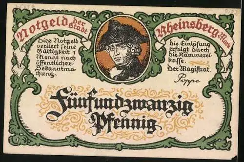 Notgeld Rheinsberg /Mark, 25 Pfennig, Friedrich der Grosse und grosses Anwesen