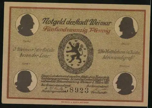 Notgeld Weimar 1921, 25 Pfennig, Goethe-Theater und Goethe-Schiller-Denkmal