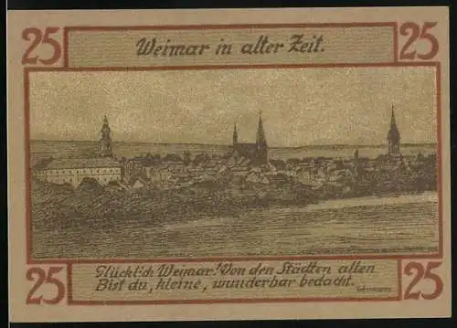 Notgeld Weimar 1921, 25 Pfennig, Ortsansicht, Goethe, Schiller