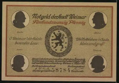 Notgeld Weimar 1921, 25 Pfennig, Ortsansicht, Goethe, Schiller