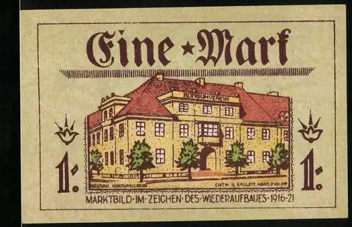 Notgeld Neidenburg /Ostpreussen 1921, 1 Mark, Neubau Konsumverein