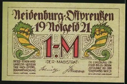 Notgeld Neidenburg /Ostpreussen 1921, 1 Mark, Neubau Konsumverein