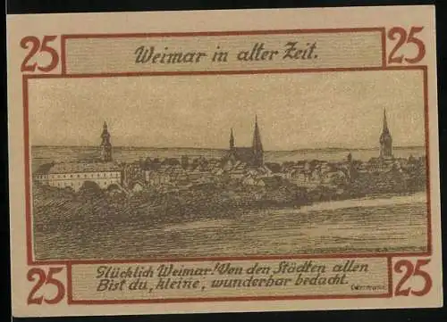 Notgeld Weimar 1921, 25 Pfennig, Teilansicht mit Kirche