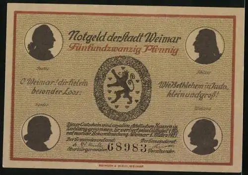 Notgeld Weimar 1921, 25 Pfennig, Teilansicht mit Kirche