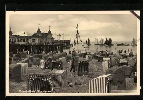 AK Ahlbeck / Seebad, Strandleben mit Seesteg