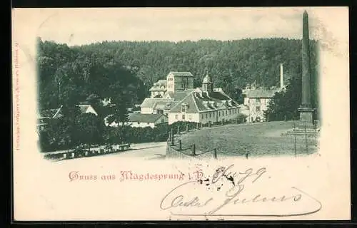 AK Mägdesprung i. H., Strassenpartie mit Denkmal