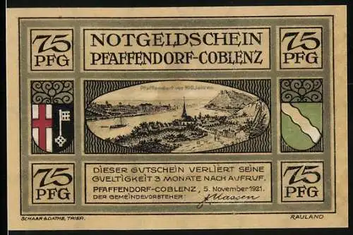 Notgeld Pfaffendorf-Coblenz 1921, 75 Pfennig, Ortsansicht mit Kirche, Handreiche über den Rhein