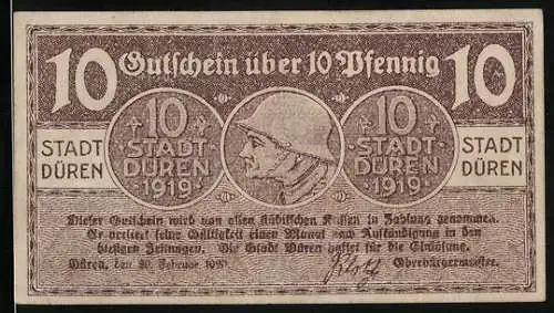 Notgeld Düren 1920, 10 Pfennig, Soldat mit Eisenhelm, Turm