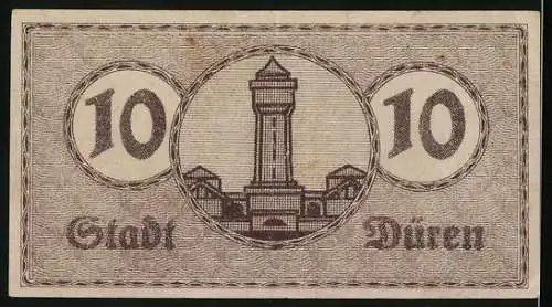 Notgeld Düren 1920, 10 Pfennig, Soldat mit Eisenhelm, Turm