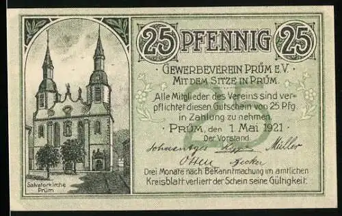 Notgeld Prüm 1921, 25 Pfennig, Die Salvatorkirche, Ortsansicht