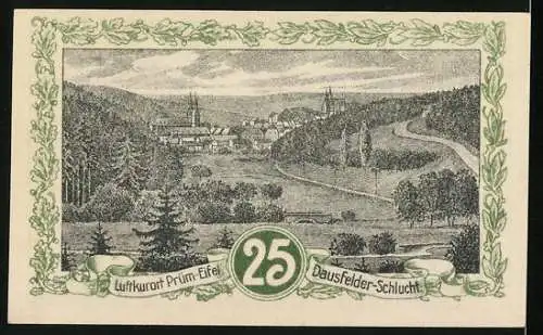 Notgeld Prüm 1921, 25 Pfennig, Die Salvatorkirche, Ortsansicht