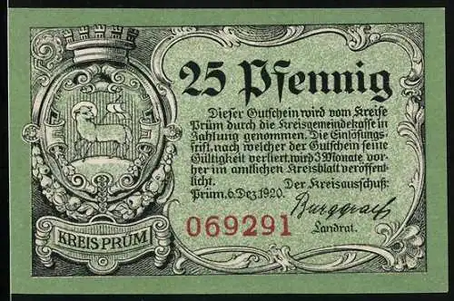 Notgeld Prüm 1920, 25 Pfennig, Wappen, Burgruine