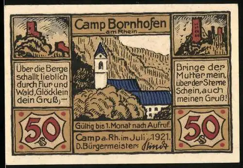 Notgeld Camp a. Rh. 1921, Heiligendarstellung, Kirche, Burgruine
