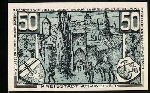 Notgeld Ahrweiler 1921, 50 Pfennig, Stadttor mit Reitern, Konrad von Blankart