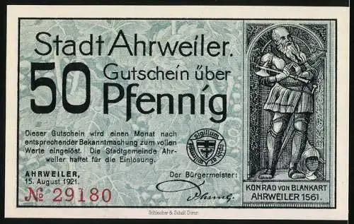 Notgeld Ahrweiler 1921, 50 Pfennig, Stadttor mit Reitern, Konrad von Blankart