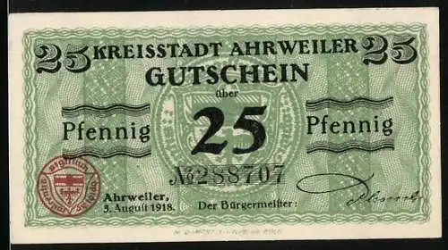 Notgeld Ahrweiler 1918, 25 Pfennig, Stadtsiegel, Wappen im Hintergrund