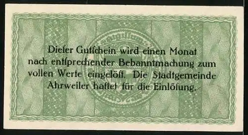 Notgeld Ahrweiler 1918, 25 Pfennig, Stadtsiegel, Wappen im Hintergrund